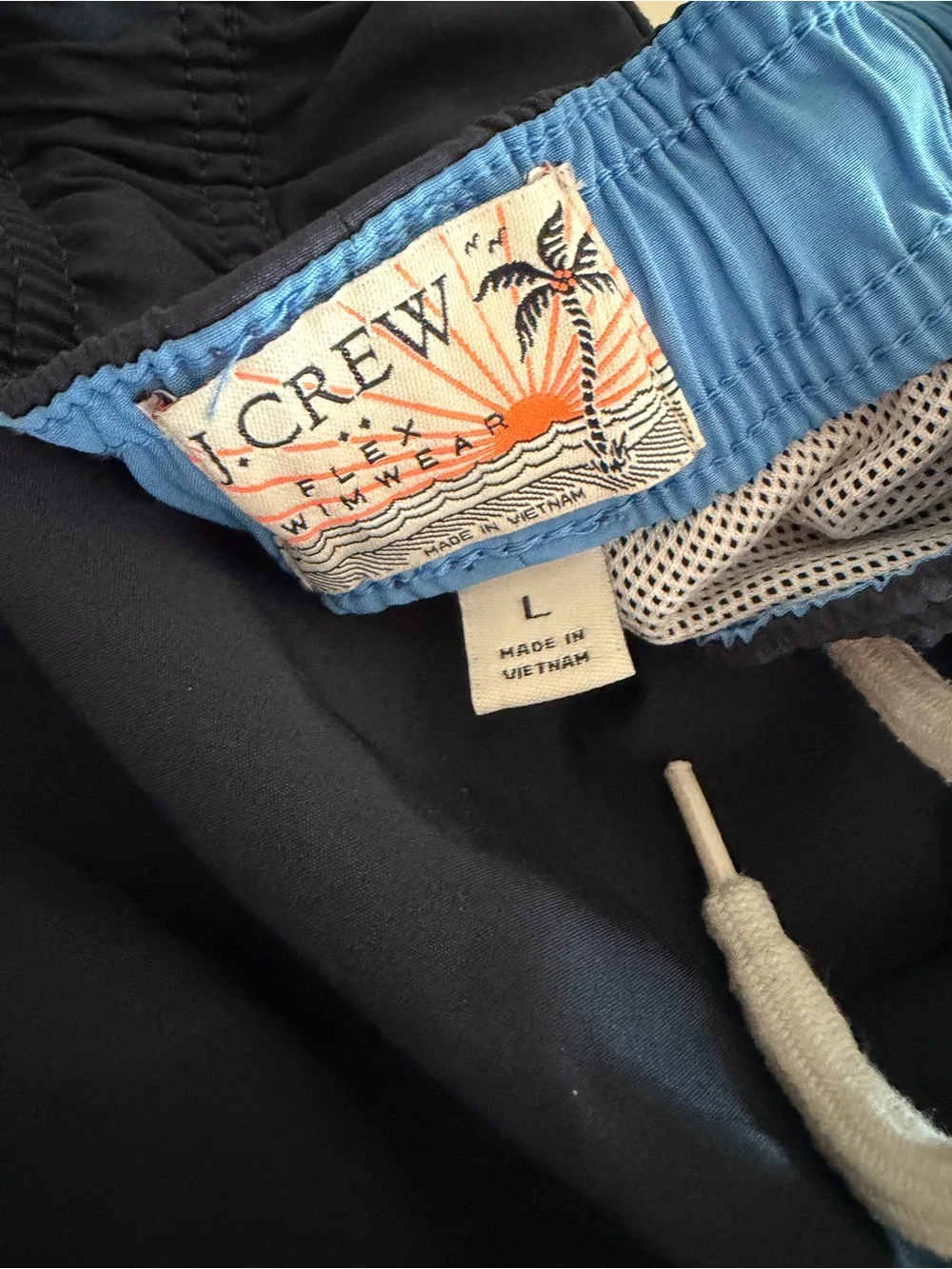 J. Crew Men’s Navy Swim Trunks with Light Blue Liner and White Drawstring